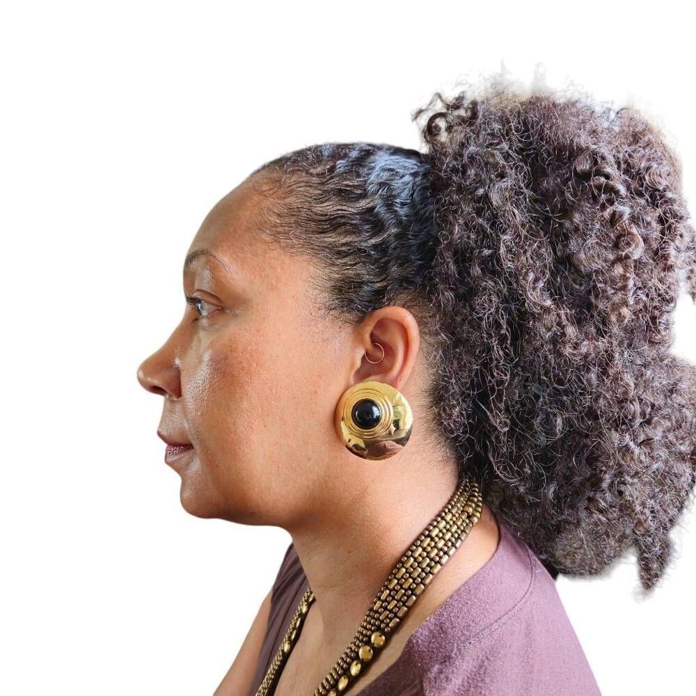 Vintage Gold Dome Earrings with Black Accent | 1.75" | Circa 1980s